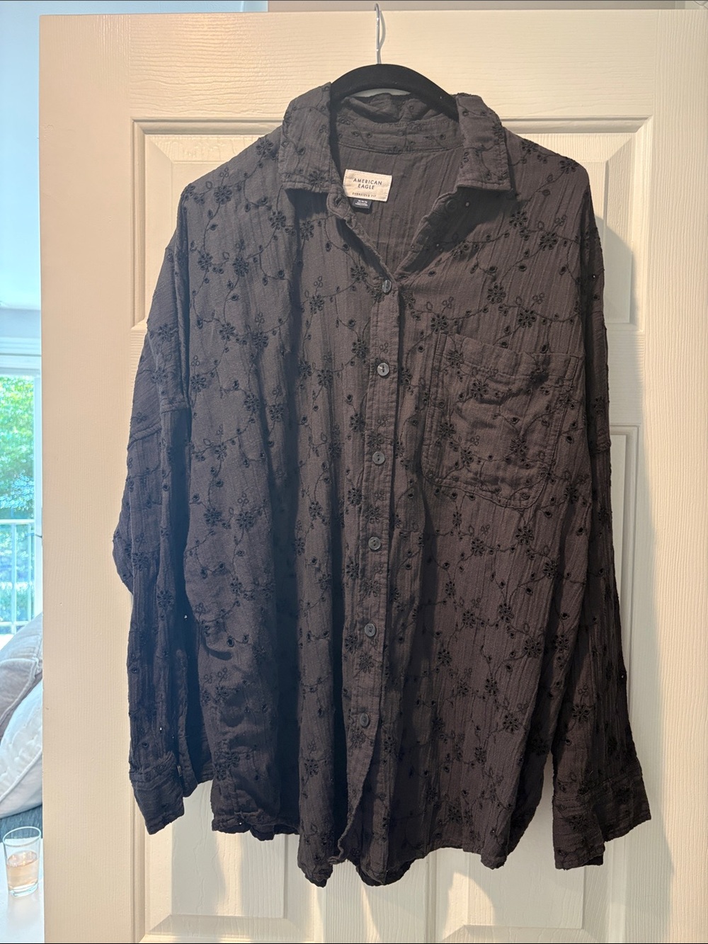 American Eagle Black Oversized Button-Up with Subtle Embroidery